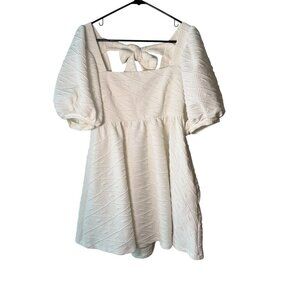 Free People White Textured Puff Sleeve Dress With Bow Tie Back Womens Size Small